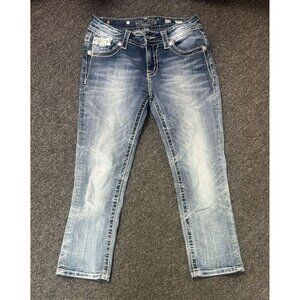 Miss Me Jeans Womens 25 Mid-Rise Curvy Capri Cropped Embellished Lace Bling